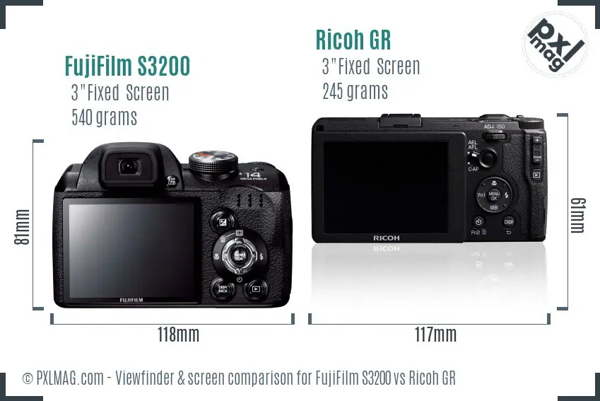 FujiFilm S3200 vs Ricoh GR Screen and Viewfinder comparison
