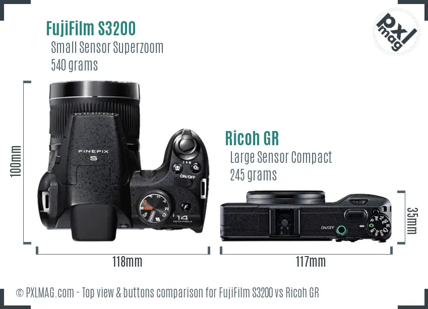 FujiFilm S3200 vs Ricoh GR top view buttons comparison