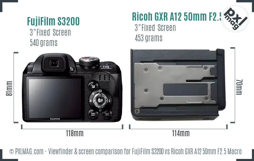 FujiFilm S3200 vs Ricoh GXR A12 50mm F2.5 Macro Screen and Viewfinder comparison