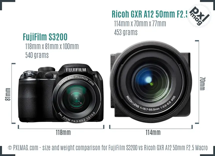 FujiFilm S3200 vs Ricoh GXR A12 50mm F2.5 Macro size comparison