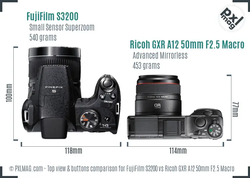 FujiFilm S3200 vs Ricoh GXR A12 50mm F2.5 Macro top view buttons comparison