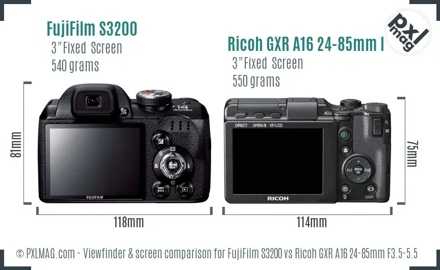 FujiFilm S3200 vs Ricoh GXR A16 24-85mm F3.5-5.5 Screen and Viewfinder comparison FujiFilm S3200 vs Ricoh GXR A16 24-85mm F3.5-5.5 Screen and Viewfinder comparison