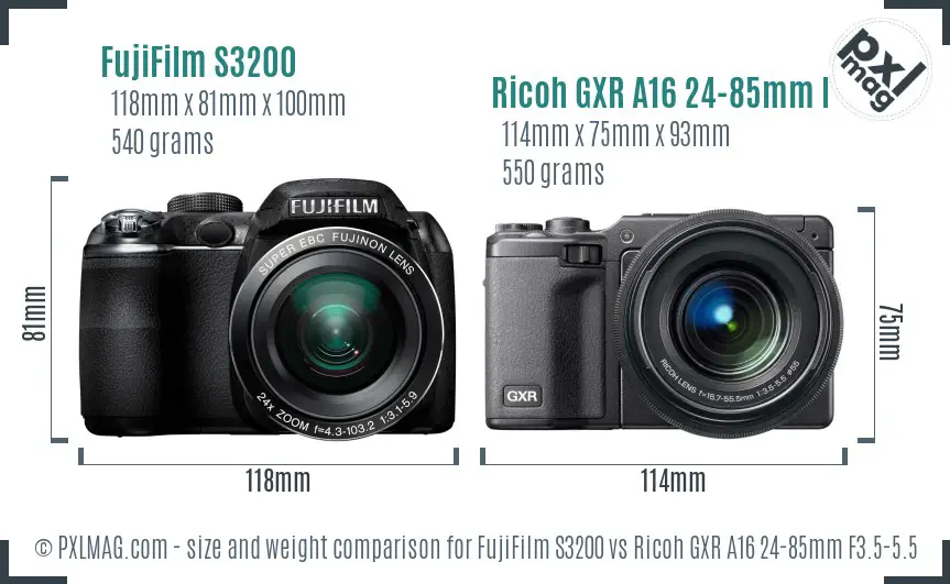 FujiFilm S3200 vs Ricoh GXR A16 24-85mm F3.5-5.5 size comparison FujiFilm S3200 vs Ricoh GXR A16 24-85mm F3.5-5.5 size comparison
