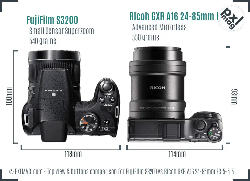 FujiFilm S3200 vs Ricoh GXR A16 24-85mm F3.5-5.5 top view buttons comparison FujiFilm S3200 vs Ricoh GXR A16 24-85mm F3.5-5.5 top view buttons comparison