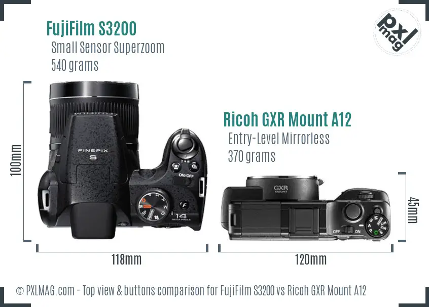 FujiFilm S3200 vs Ricoh GXR Mount A12 top view buttons comparison