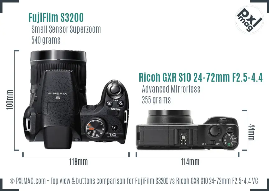 FujiFilm S3200 vs Ricoh GXR S10 24-72mm F2.5-4.4 VC top view buttons comparison