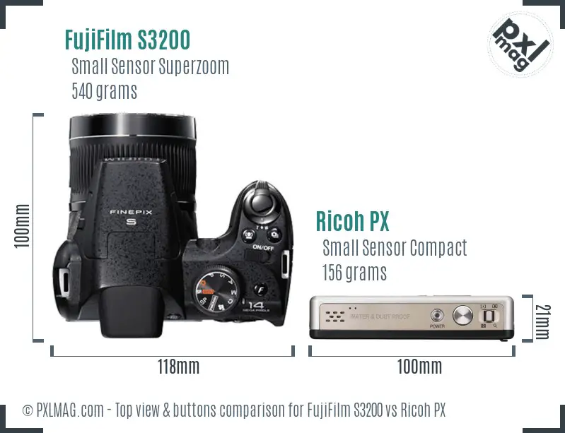 FujiFilm S3200 vs Ricoh PX top view buttons comparison