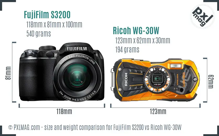 FujiFilm S3200 vs Ricoh WG-30W size comparison