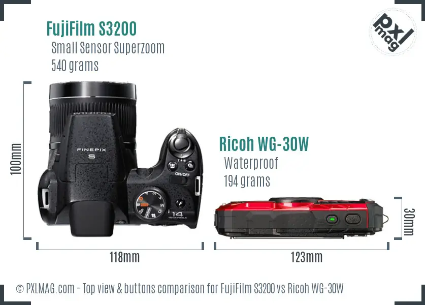 FujiFilm S3200 vs Ricoh WG-30W top view buttons comparison