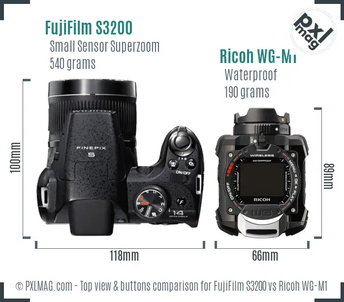 FujiFilm S3200 vs Ricoh WG-M1 top view buttons comparison