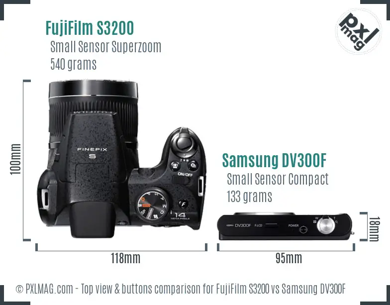 FujiFilm S3200 vs Samsung DV300F top view buttons comparison FujiFilm S3200 vs Samsung DV300F top view buttons comparison