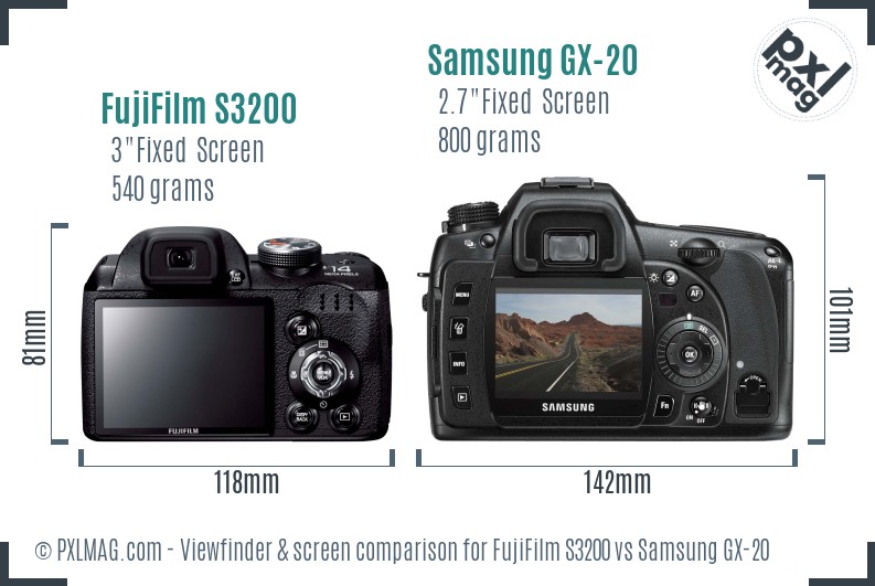 FujiFilm S3200 vs Samsung GX-20 Screen and Viewfinder comparison