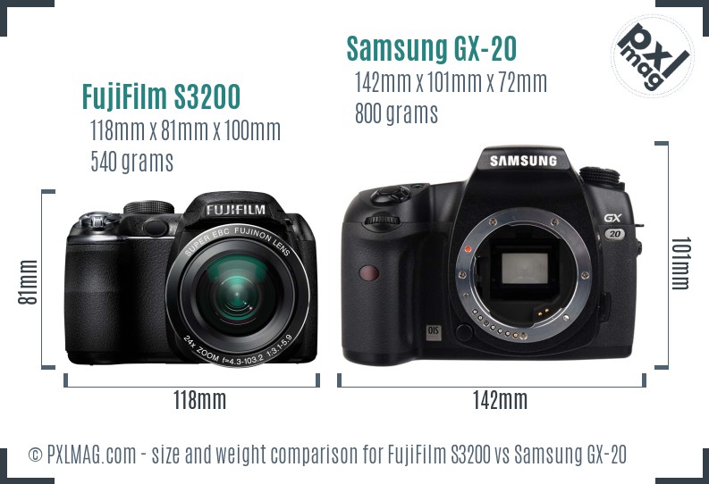 FujiFilm S3200 vs Samsung GX-20 size comparison FujiFilm S3200 vs Samsung GX-20 size comparison