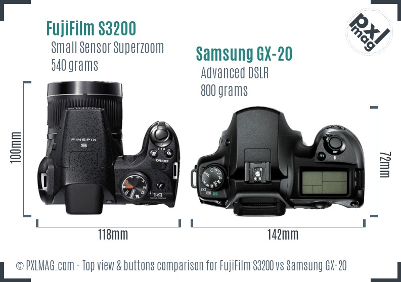 FujiFilm S3200 vs Samsung GX-20 top view buttons comparison