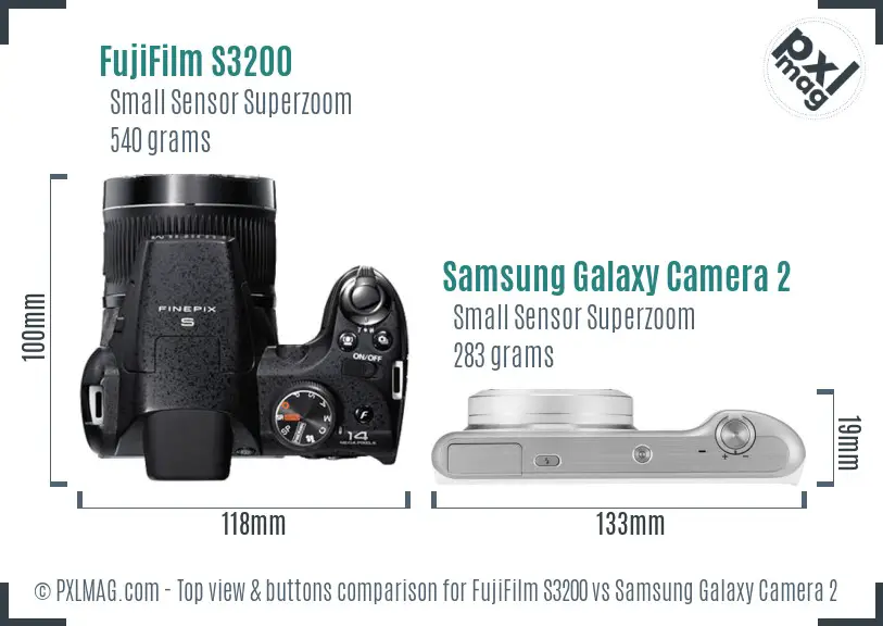 FujiFilm S3200 vs Samsung Galaxy Camera 2 top view buttons comparison