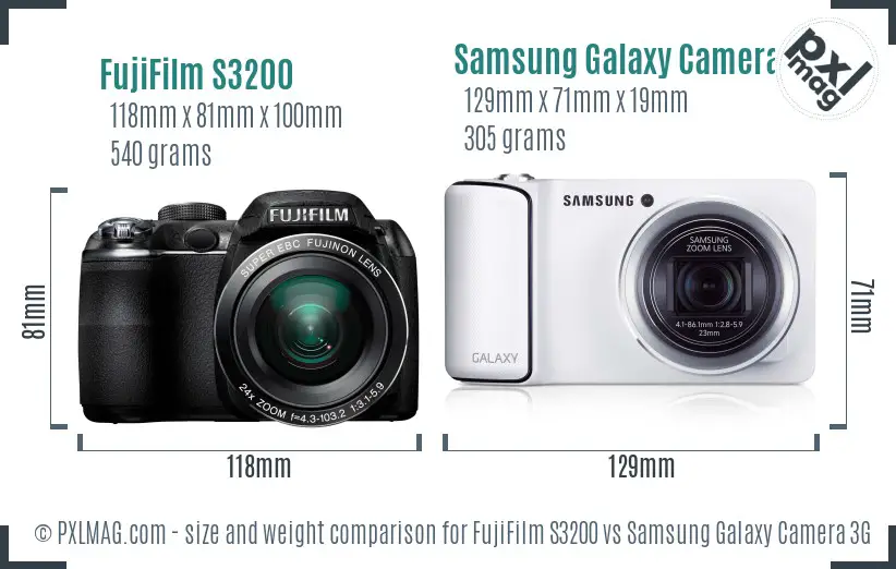 FujiFilm S3200 vs Samsung Galaxy Camera 3G size comparison
