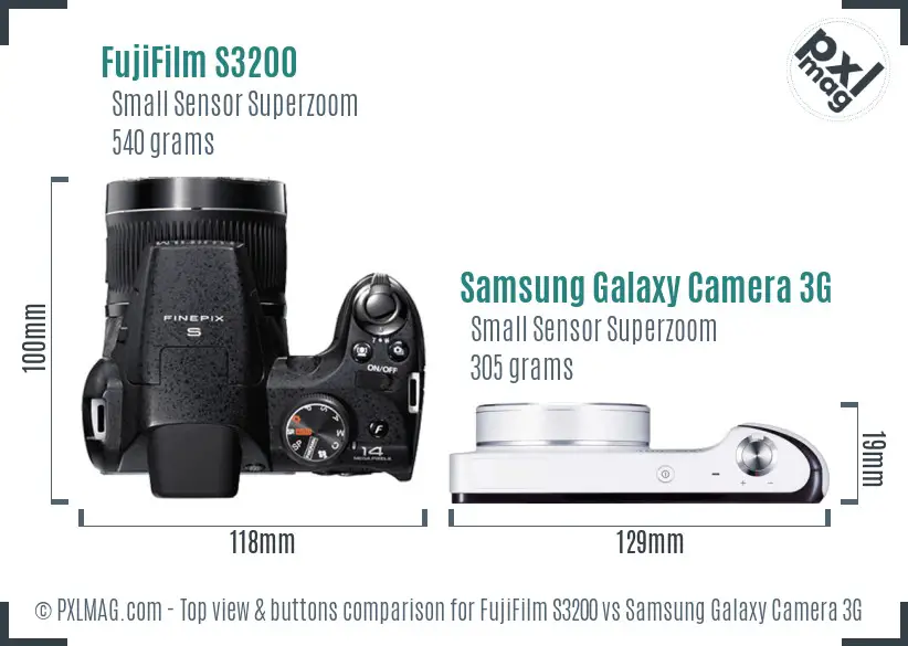 FujiFilm S3200 vs Samsung Galaxy Camera 3G top view buttons comparison