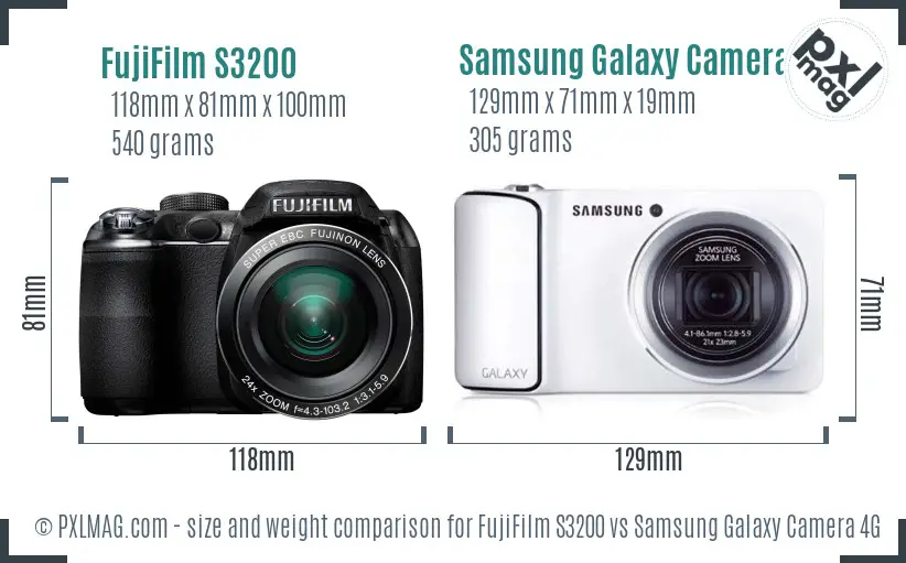 FujiFilm S3200 vs Samsung Galaxy Camera 4G size comparison