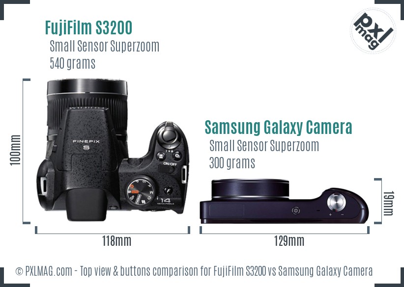 FujiFilm S3200 vs Samsung Galaxy Camera top view buttons comparison