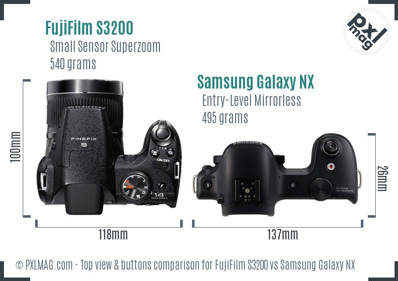 FujiFilm S3200 vs Samsung Galaxy NX top view buttons comparison