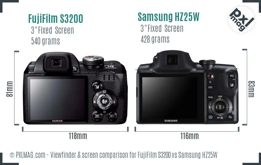 FujiFilm S3200 vs Samsung HZ25W Screen and Viewfinder comparison