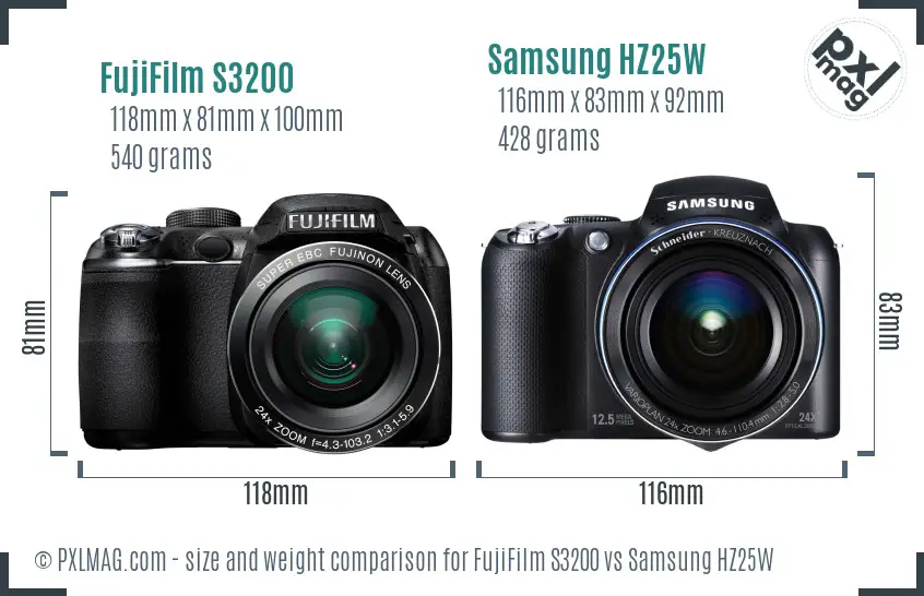 FujiFilm S3200 vs Samsung HZ25W size comparison