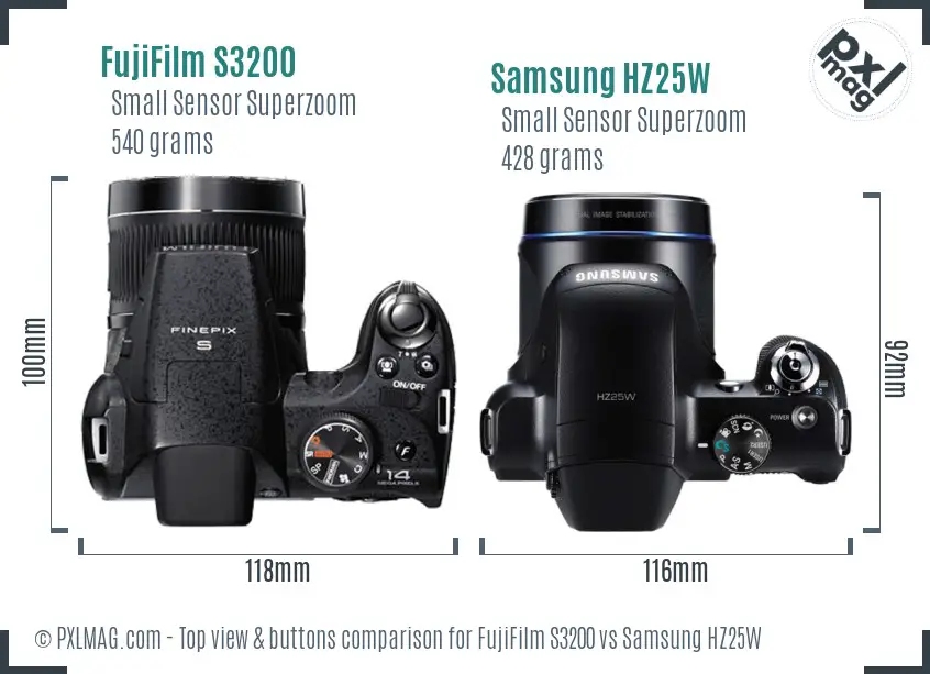 FujiFilm S3200 vs Samsung HZ25W top view buttons comparison