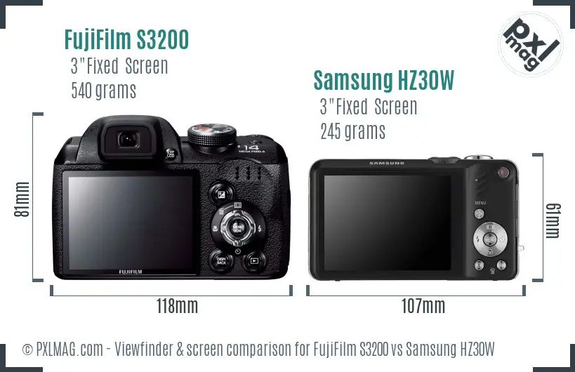 FujiFilm S3200 vs Samsung HZ30W Screen and Viewfinder comparison