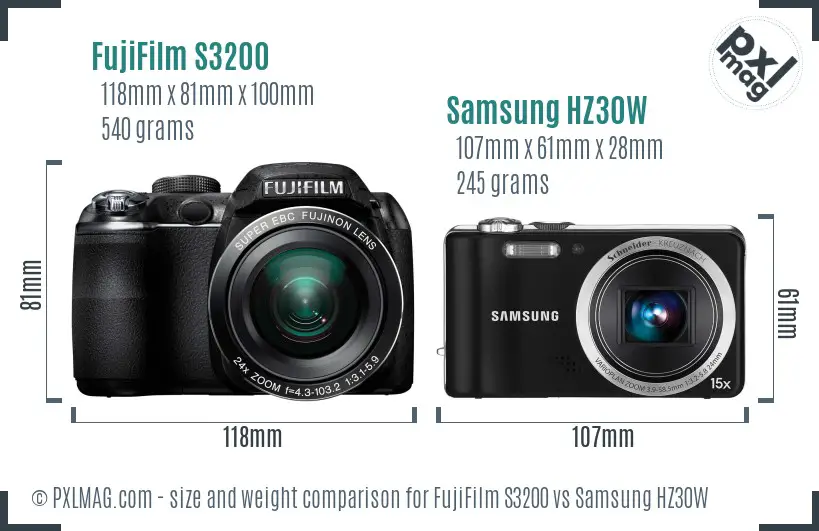 FujiFilm S3200 vs Samsung HZ30W size comparison