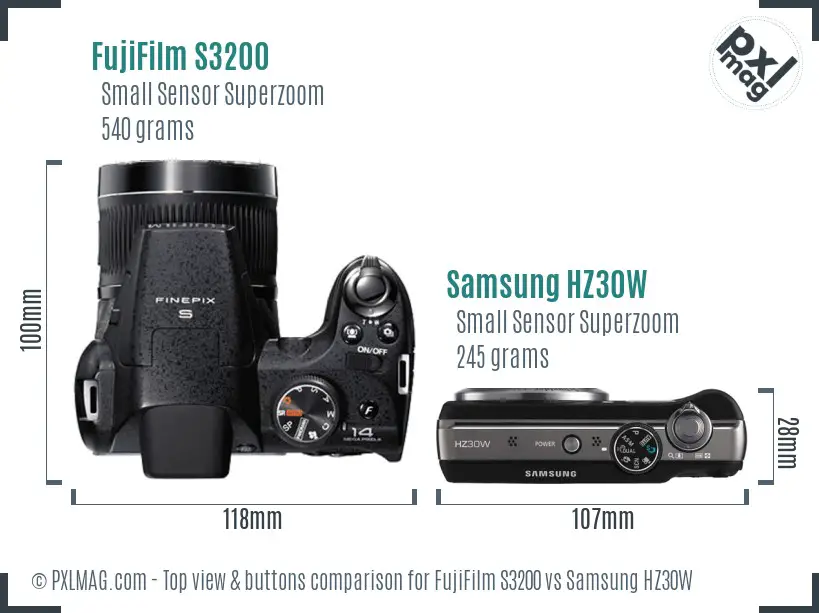FujiFilm S3200 vs Samsung HZ30W top view buttons comparison
