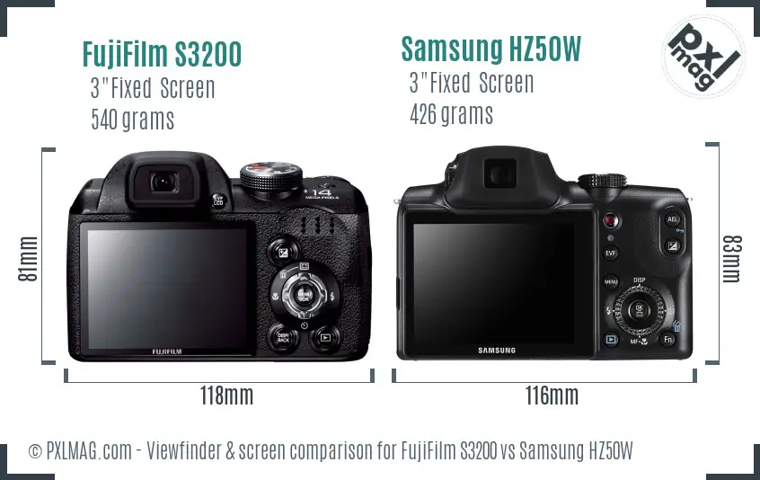 FujiFilm S3200 vs Samsung HZ50W Screen and Viewfinder comparison