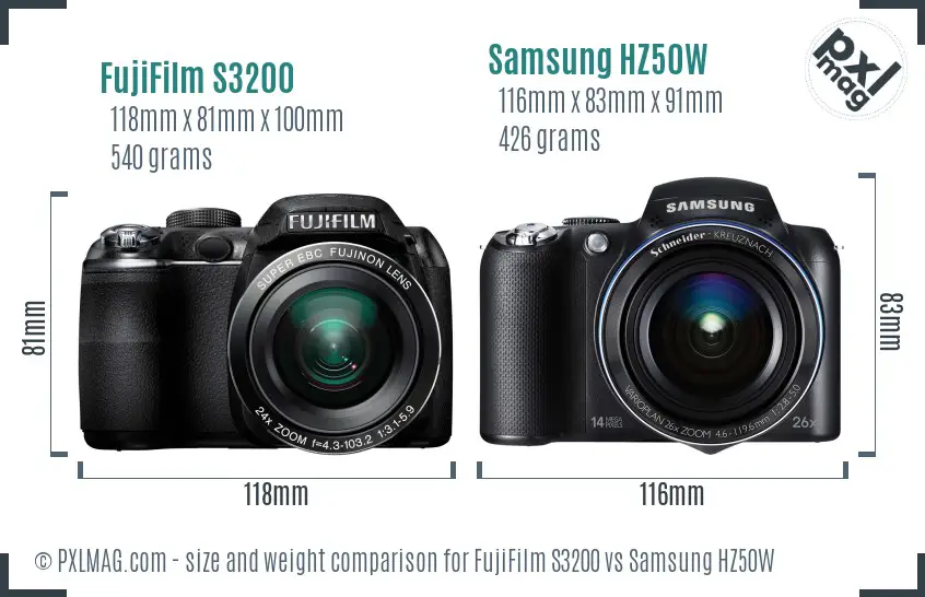 FujiFilm S3200 vs Samsung HZ50W size comparison