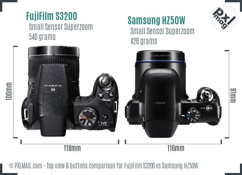 FujiFilm S3200 vs Samsung HZ50W top view buttons comparison