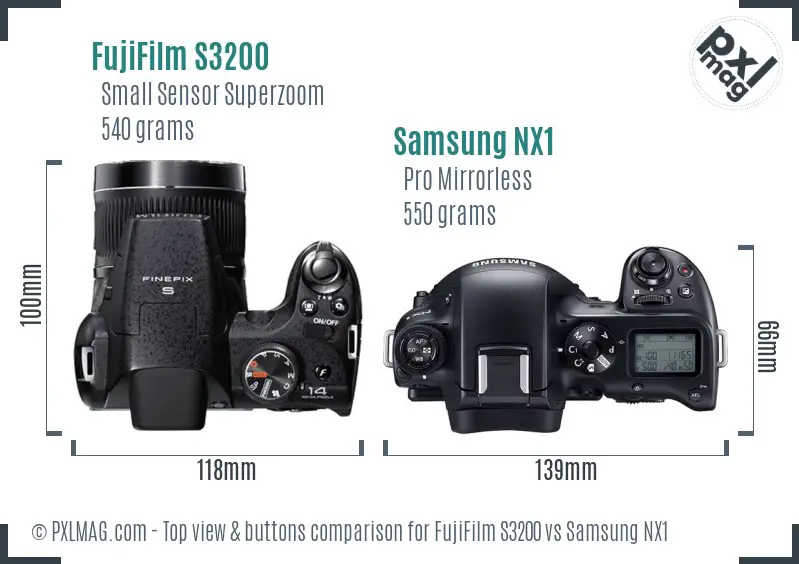 FujiFilm S3200 vs Samsung NX1 top view buttons comparison