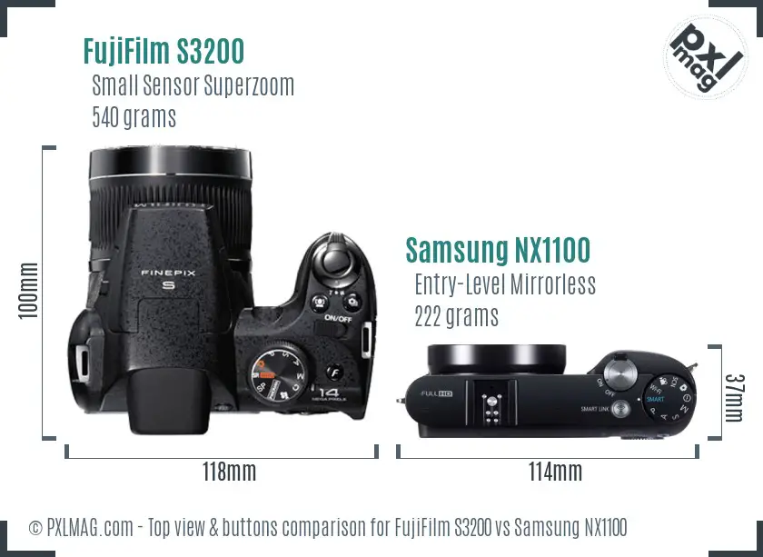 FujiFilm S3200 vs Samsung NX1100 top view buttons comparison