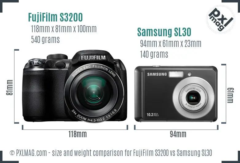 FujiFilm S3200 vs Samsung SL30 size comparison FujiFilm S3200 vs Samsung SL30 size comparison