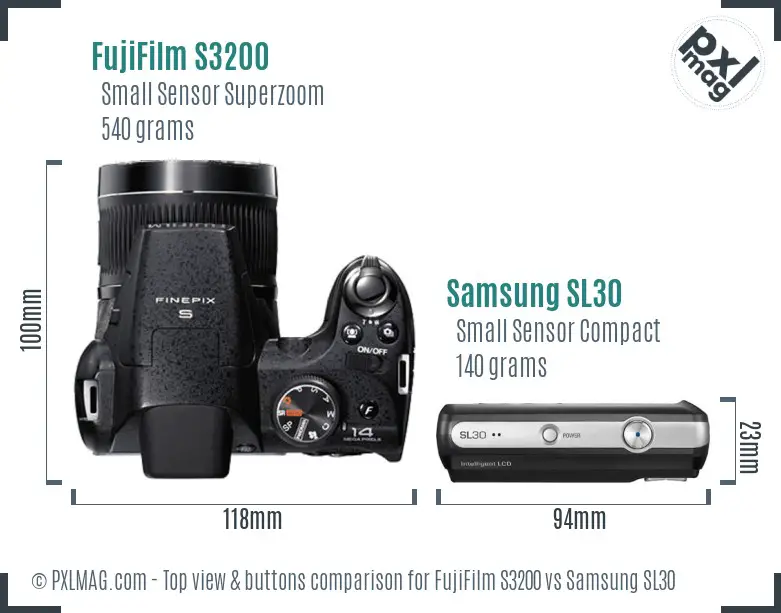 FujiFilm S3200 vs Samsung SL30 top view buttons comparison FujiFilm S3200 vs Samsung SL30 top view buttons comparison