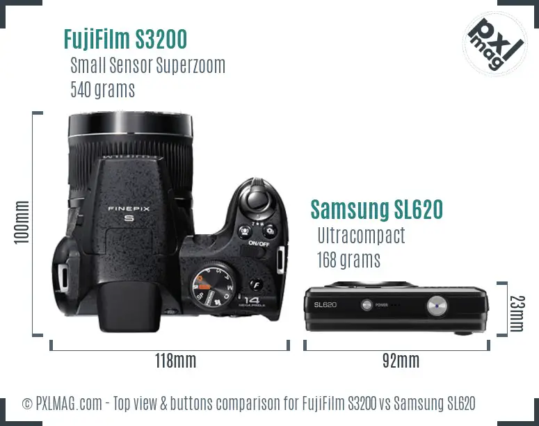 FujiFilm S3200 vs Samsung SL620 top view buttons comparison