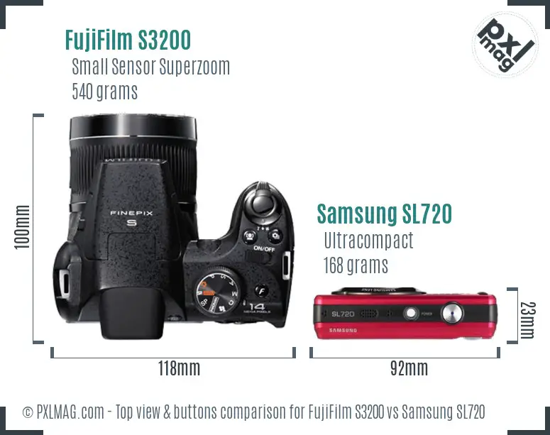 FujiFilm S3200 vs Samsung SL720 top view buttons comparison