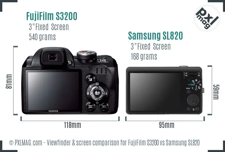 FujiFilm S3200 vs Samsung SL820 Screen and Viewfinder comparison