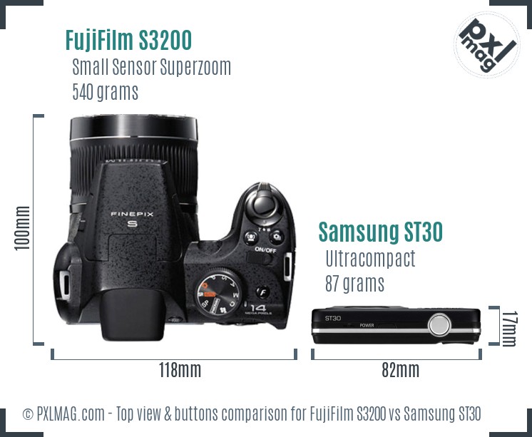 FujiFilm S3200 vs Samsung ST30 top view buttons comparison