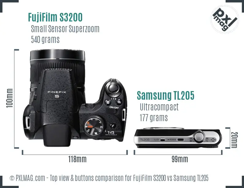 FujiFilm S3200 vs Samsung TL205 top view buttons comparison