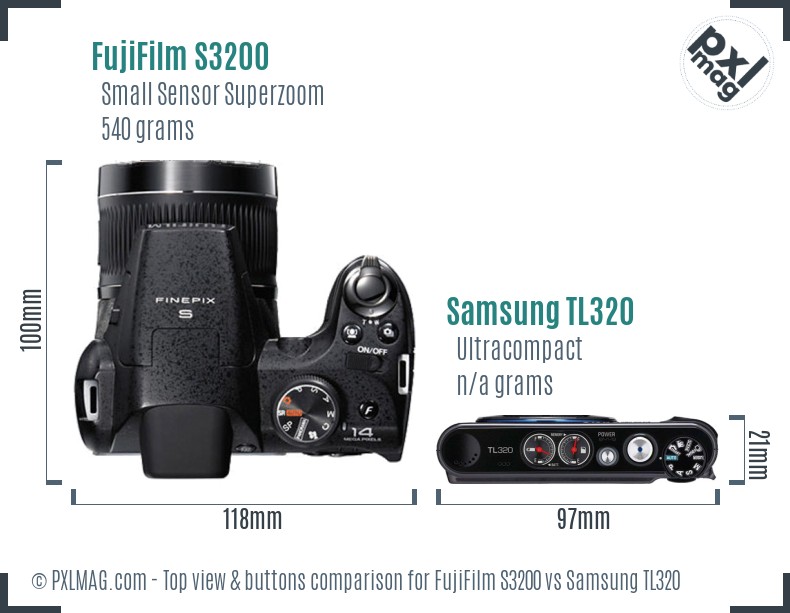 FujiFilm S3200 vs Samsung TL320 top view buttons comparison