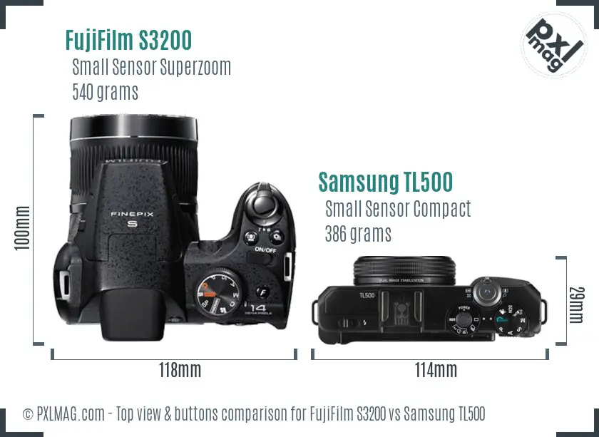 FujiFilm S3200 vs Samsung TL500 top view buttons comparison