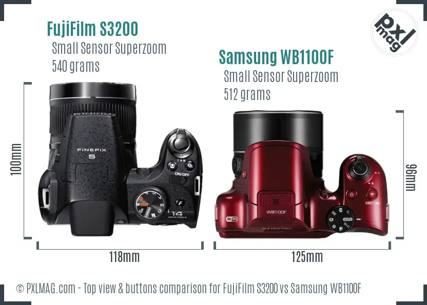 FujiFilm S3200 vs Samsung WB1100F top view buttons comparison