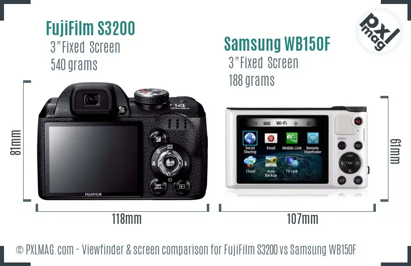 FujiFilm S3200 vs Samsung WB150F Screen and Viewfinder comparison