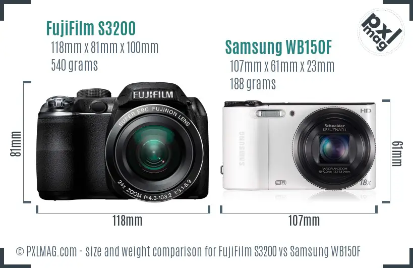 FujiFilm S3200 vs Samsung WB150F size comparison