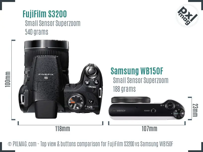 FujiFilm S3200 vs Samsung WB150F top view buttons comparison