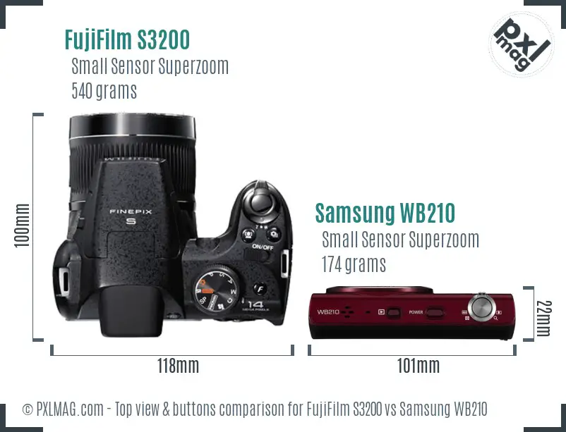 FujiFilm S3200 vs Samsung WB210 top view buttons comparison