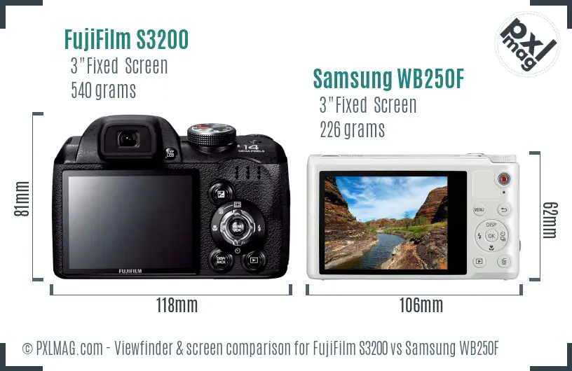 FujiFilm S3200 vs Samsung WB250F Screen and Viewfinder comparison